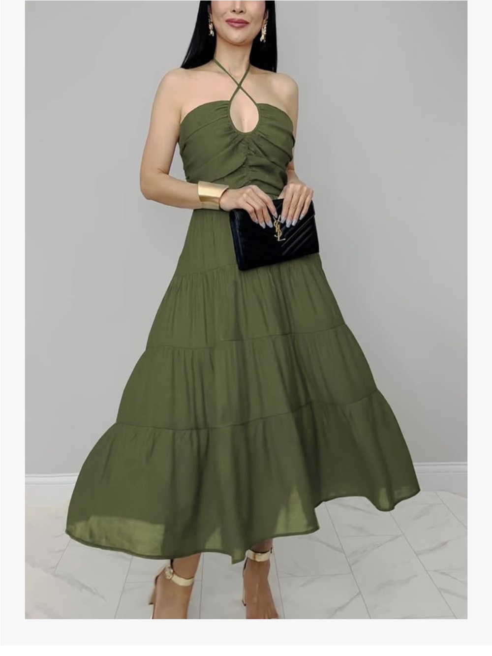 Olive Halter Tiered Midi Dress